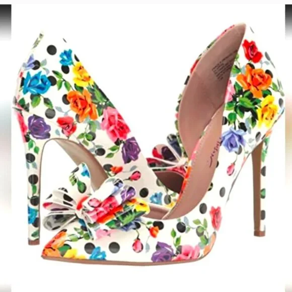 🌸 BETSEY JOHNSON Floral & Polka Dot Pointed Toe Bow Heels Size 7.5 - Picture 2 of 11
